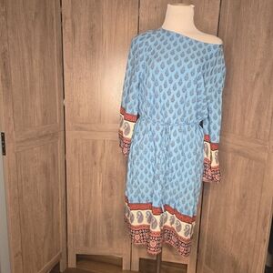 Light Blue beach Paisley Border Print Off-Shoulder Dress Medium